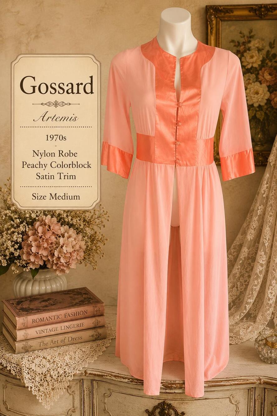 Vintage Gossard Artemis Nylon Peachy Colorblock Robe 1970s Satin Trim Medium